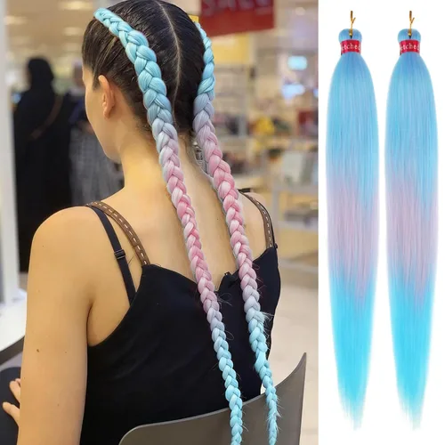 Miniatura 20 de Cabello trenzado preestirado, cabello trenzado degradado de 28 pulgadas, paquete de 8 extensiones de cabello trenzado de mezcla de colores sedosos