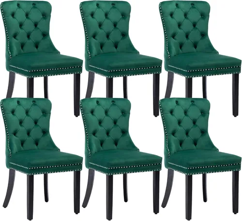 Miniatura 26 de KCC Nikki Collection - Juego de 4 sillas de comedor de terciopelo tapizadas de alta gama con anillo trasero de clavo, patas de madera maciza