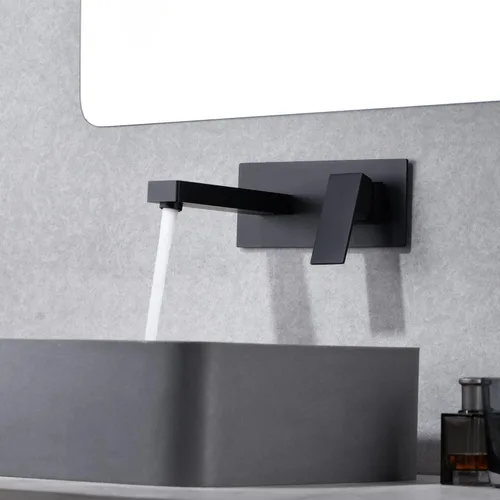 Miniatura 3 de SUMERAIN Grifo de lavabo de baño de montaje en pared negro mate, grifo para lavabo/vasija, válvula de latón de instalación preliminar incluida