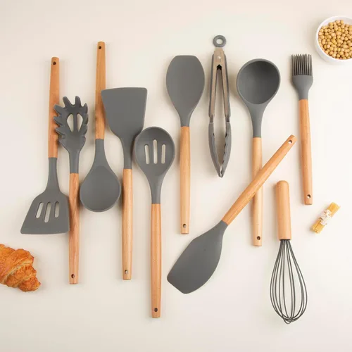 Miniatura 8 de Juego de utensilios de cocina de silicona, juego de utensilios de cocina con mango de madera de haya de alta calidad, antiadherentes, espátula