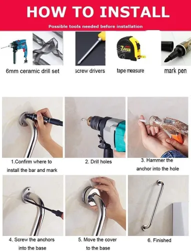 Miniatura 7 de Paquete de 2 barras de agarre para ducha de 12 pulgadas, mango de acero inoxidable satinado de níquel cepillado para baño, barra de equilibrio