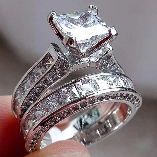 Miniatura 2 de Luxury and Shining - Juego de anillos de compromiso 2 en 1 para mujer, diseño vintage de diamantes blancos y plata