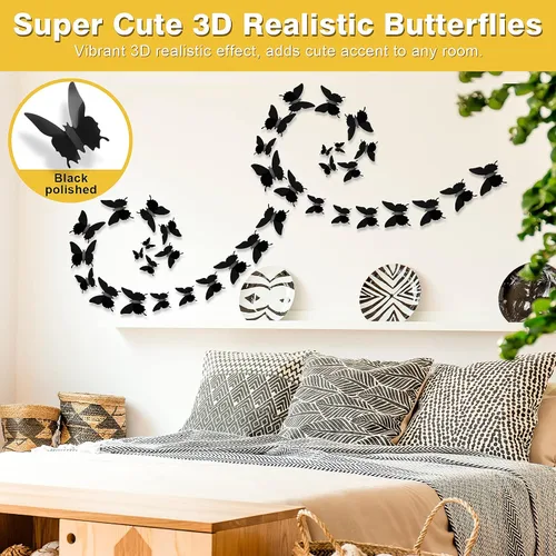 Miniatura 3 de Decoración de pared de mariposa 3D, 48 unidades, calcomanías negras pulidas, 3 tamaños, calcomanías de mariposa duraderas, arte de pared