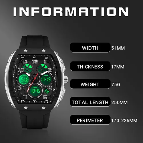 Miniatura 8 de Relojes para hombre, únicos rectángulos, reloj de pulsera blanco con pantalla digital analógica de doble hora, cronómetro de cuenta regresiva