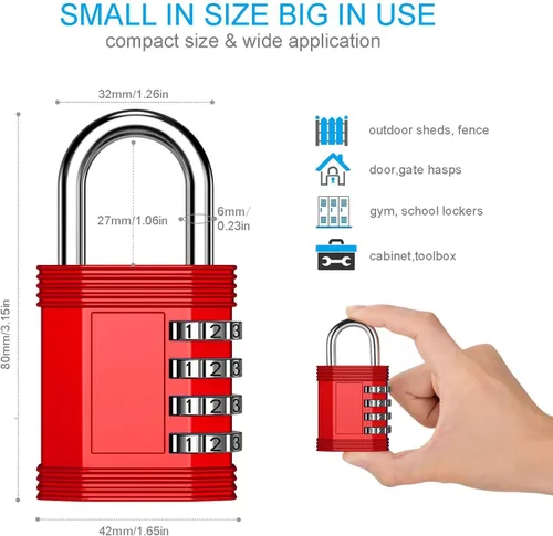 Miniatura 3 de ZHEGE Candado de combinación reiniciable sin llave para gimnasio, valla, puerta, almacenamiento, habitación (rojo)