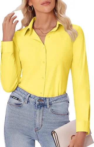 Miniatura 16 de siliteelon Camisas con botones para mujer, ajustadas, de manga larga, elásticas, de vestir, camisas de trabajo, sin arrugas, blusas de oficina