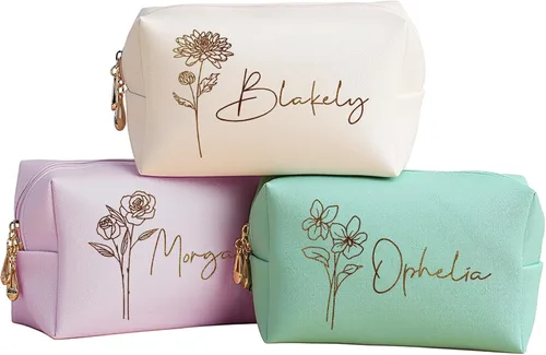 DayOfShe Regalos de despedida de soltera, bolsa de maquillaje personalizada con nombre y flor de nacimiento como regalo de dama de honor, bolsa de