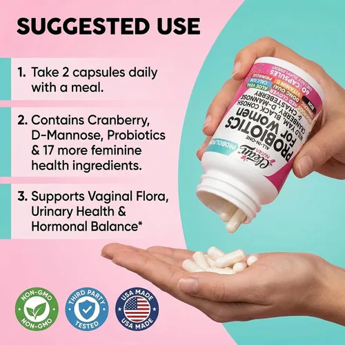 Miniatura 6 de Clean Nutraceuticals Probióticos para mujeres con D manosa, extracto de arándano, ñame silvestre, chasteberry – 20 cepas probióticas y prebióticas