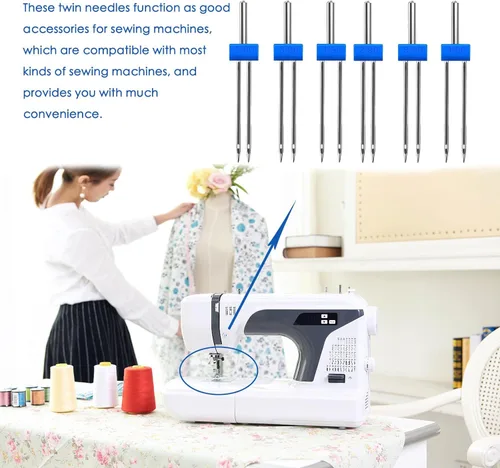 Miniatura 4 de Juego de 2 agujas gemelas de 3 tamaños para máquina de coser, 6 agujas gemelas dobles gemelas agujas elásticas para máquina de coser doméstica, 3