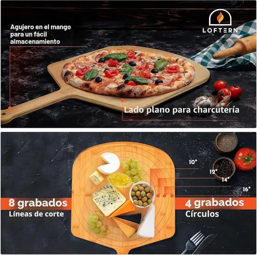 Miniatura 2 de Pizarra de madera de 16 pulgadas con tamaños grabados, tabla de cortar de pizza de bambú multiusos, cáscara de pizza de madera, espátula de pizza