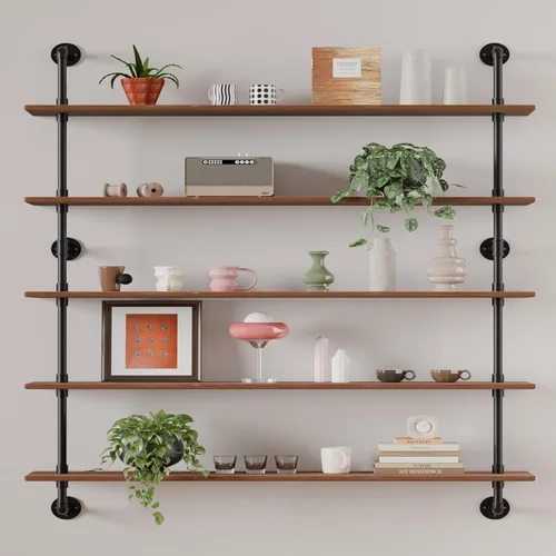 Miniatura 24 de HDDFER - Estantería industrial para tuberías rústicas en blanco, estantes de pared de tubería industrial con tablas de madera, estantes flotantes