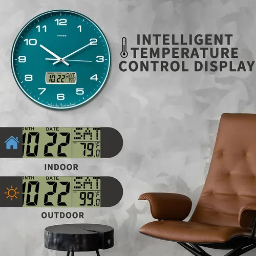 Miniatura 9 de Reloj de pared TIMESS, de 14" con gran esfera silenciosa y sin tictac, funciona con pilas, analógico con pantalla LCD para calendario perpetuo