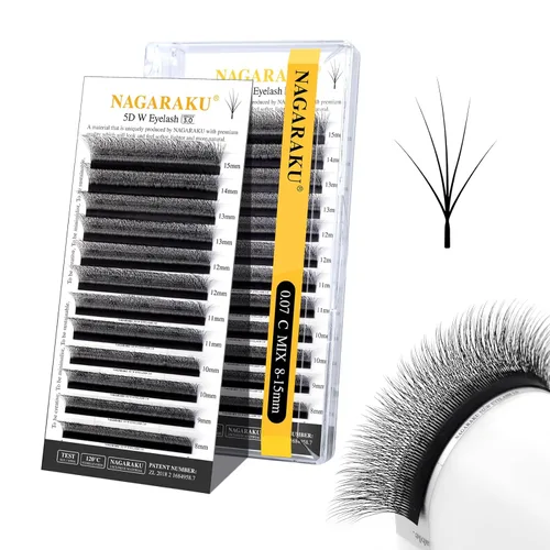 Miniatura 192 de NAGARAKU Extensiones de pestañas Double Tips 4D W, suministros con puntas dobles, gruesas con rizado D de 0.07 mm, bandeja mixta 8-15 mm, 0.07-D