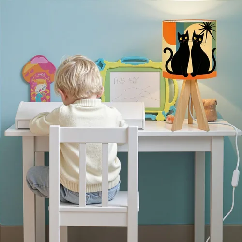 Miniatura 7 de Tripod Table Lamp Mid Century Modern Black Cat Retro Atomic Halloween Bedside Lamps Small Lamp Nightstand Lamp with Linen Lampshade Table Lamps for