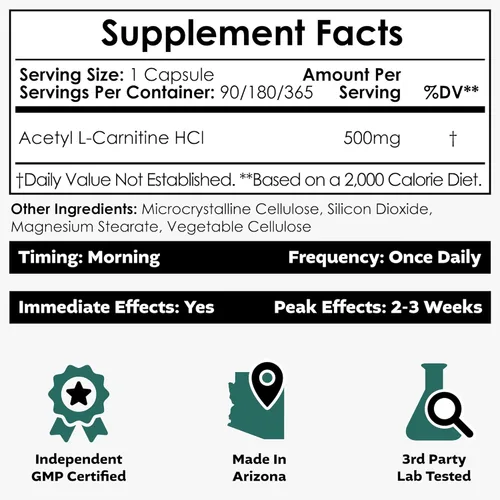 Miniatura 3 de Nootropics Depot Cápsulas de acetil L-carnitina 500 mg 90 unidades Forma HCL Suplemento energético Apoya la función mitocondrial ALCAR