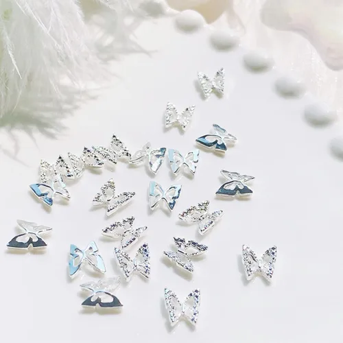 Miniatura 2 de WOKOTO 100 dijes de uñas de mariposa plateada para uñas acrílicas, joyería de mariposa 3D, joyería de uñas para uñas acrílicas, arte de mariposa 3D