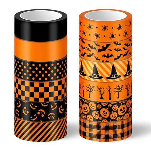 Whaline 12 rollos de cinta Washi de Halloween, naranja y negro, calabaza, araña, murciélago, bruja, sombrero de bruja, cinta adhesiva de 0.591 in,