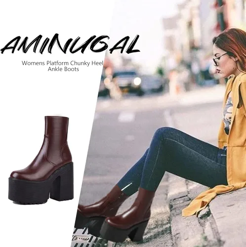 Miniatura 2 de AMINUGAL Botas de tobillo de plataforma para mujer, tacón grueso, con cremallera, punta redonda, tacón alto, punk, para motocicleta, trabajo