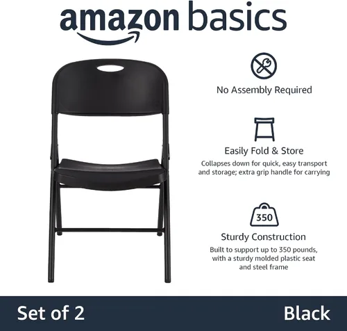 Miniatura 4 de Amazon Basics Silla Plegable Portátil Resistente de Plástico Plegable, Capacidad de 350 Libras, Negro, Paquete de 2