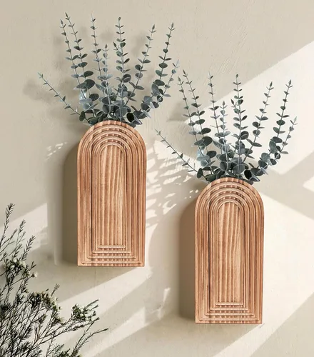 Miniatura 9 de DREAMLOOM Paquete de 2 jarrones de pared de madera con plantas artificiales de eucalipto, macetas para colgar en la pared, estilo bohemio y moderno