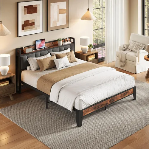 Miniatura 3 de LIKIMIO Armazón de cama completa, cabecera con almacenamiento y estación de carga, sólido y estable, sin ruido, no necesita somier, fácil montaje