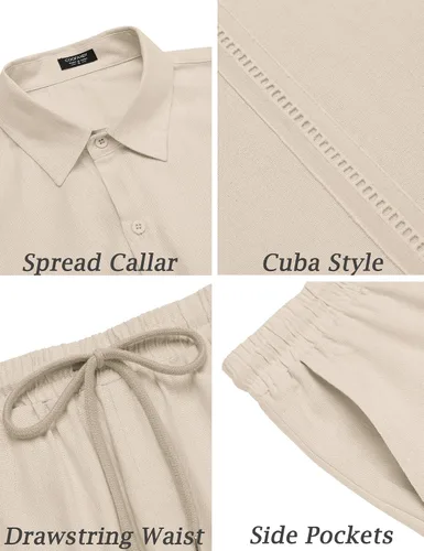 Miniatura 5 de COOFANDY Conjunto de 2 piezas de lino para hombre camisa con botones y pantalones cortos