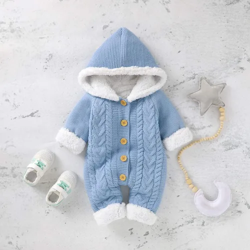Miniatura 7 de puseky Mameluco de vellón de punto para bebé recién nacido, con capucha, de una pieza, para exteriores, Azul Patchwork, 0-6 meses