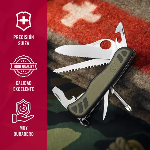 Miniatura 8 de Victorinox - Cuchillo suizo para soldado 08, 10 funciones, color oliva/negro Large one-handed lock blade with wavy edge, wood saw, screwdrivers