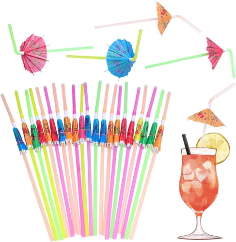 Pajitas hawaianas para fiesta, 25 unidades, 9.45 pulgadas, colores surtidos, mini paraguas de papel, bebidas, jugo, cóctel, batido, pajitas de
