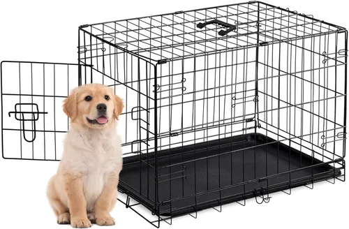 Miniatura 11 de Jaula para perros – Jaula portátil mediana de 36 pulgadas de doble puerta, jaula de alambre de metal para mascotas con bloqueo seguro, bandeja a