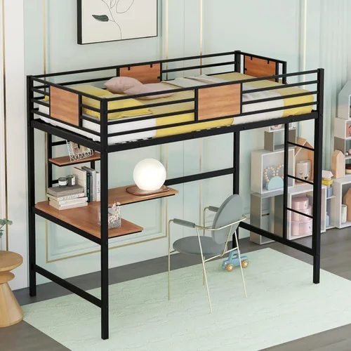 Miniatura 12 de Marco de cama de metal tipo loft de tamaño individual con escritorio y estantes de almacenamiento, marco de cama de metal con barandilla segura