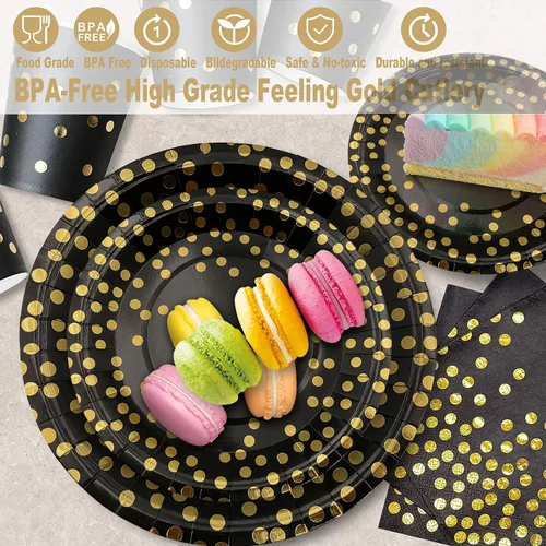 Miniatura 3 de AIRE 175 piezas Vajilla de papel negra y dorada para 25 invitados, suministros desechables para fiestas, vajilla con puntos dorados en platos 175