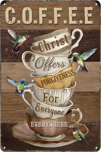 Letrero de café para amantes del café, regalos de Cristo ofrece perdón para todos en todas partes, letrero de metal vintage para amigos, familia,