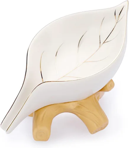 Miniatura 9 de JUXYES Jabonera de cerámica autodrenante, jabonera única en forma de hoja, bandeja decorativa para jabonera de mesa, ahorrador de jabón para bañera