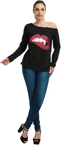 Miniatura 6 de MAGICMK - Sudaderas con hombro descubierto para mujer, manga larga, estampado de labios, casuales