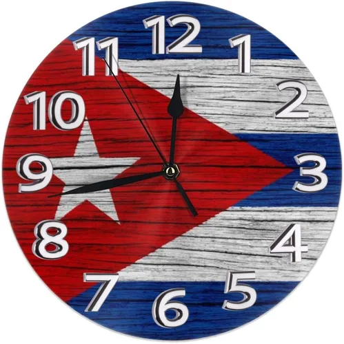 Reloj de pared con textura de madera, diseño de bandera cubana, redondo, retro, vintage, silencioso, sin tictac, para cocina, sala de estar, baño,