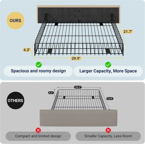 Miniatura 7 de Allewie - Base de cama tapizada de tamaño Full con plataforma, con 4 cajones de almacenamiento y cabecera, diseño cosido en cuadrados con botones