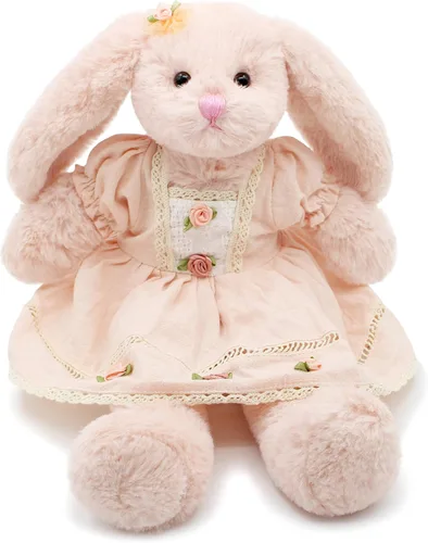 Oitscute Pequeño y suave conejo de peluche de 15 pulgadas, juguete para bebés y niñas (conejo rosa con vestido vintage rosa)