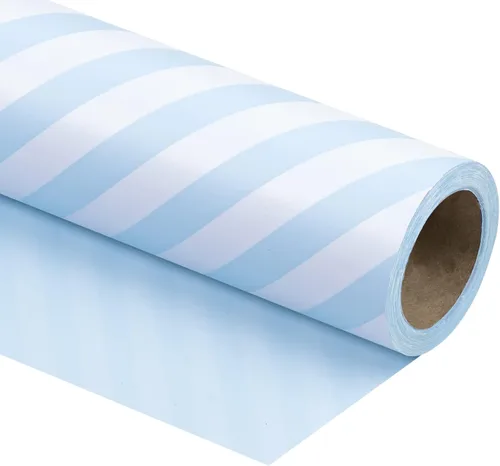 WRAPAHOLIC Papel de regalo reversible azul bebé de 30 pulgadas, papel de regalo azul bebé y rayas para cumpleaños, vacaciones, bodas, baby shower,