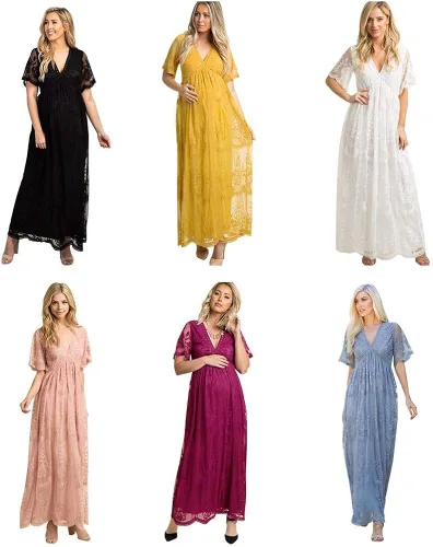 Miniatura 6 de Vestido largo de maternidad casual con cuello en V de manga corta floral con encaje acampanado y bohemio para la noche cóctel fiesta sesión de fotos