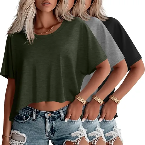 Miniatura 7 de Huukeay Paquete de 3 camisetas recortadas de gran tamaño para mujer, manga corta, holgadas, cuello redondo, holgadas, para entrenamiento