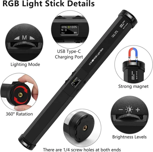 Miniatura 4 de Varita de luz LED RGB con soporte, QEUOOIY 360° a todo color 2500-9500K iluminación portátil de fotografía de estudio, batería recargable de 5000