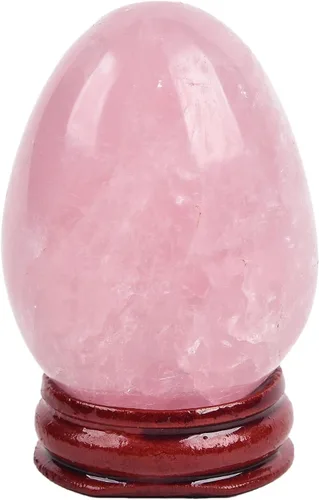 Miniatura 10 de AMOYSTONE Huevo de cristal de cuarzo rosa natural grande para curación y práctica de reiki, piedra de decoración del hogar con base, 3-3.5 pulgadas