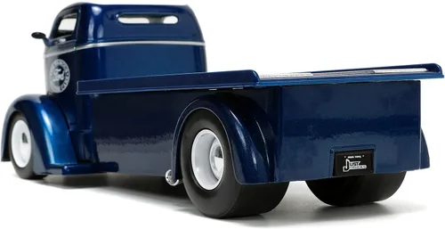 Miniatura 5 de Jada Toys Just Trucks 1:24 1947 Ford COE - Coche de cama plana fundido a presión color azul oscuro/blanco con estante para neumáticos, juguetes
