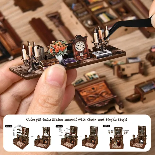 Miniatura 7 de Kit de rincón de libro, casa de muñecas japonesa, biblioteca, biblioteca de biblioteca, estantería de casa pequeña, rompecabezas de madera 3D, kit
