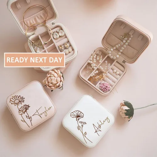 Miniatura 6 de DayOfShe Joyero de viaje personalizado con nombre y flor de nacimiento, regalos personalizados de dama de honor para mujeres, estuche de joyería