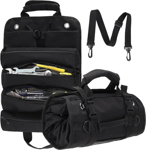 Bolsa enrollable para herramientas, organizador de bolsa de herramientas, bolsas de almacenamiento enrollables con 6 bolsillos con cremallera y Negro