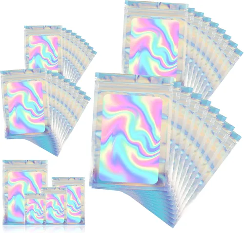 Miniatura 28 de 120 bolsas de tereftalato de polietileno a prueba de olores, bolsa de embalaje holográfica resellable con ventana transparente para alimentos
