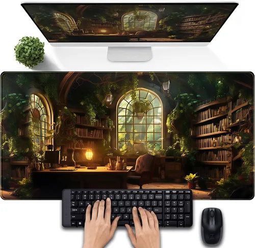 Miniatura 31 de Tapete de escritorio de bosque anime, lindo tapete de mouse verde, tapete de escritorio completo Kawaii estético XXL para juegos Mousemat XL