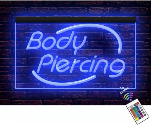 100018 Piercing para el cuerpo, centro de taller, decoración del hogar, letrero de neón con luz LED (12 x 8 pulgadas, 16 colores por control remoto)
